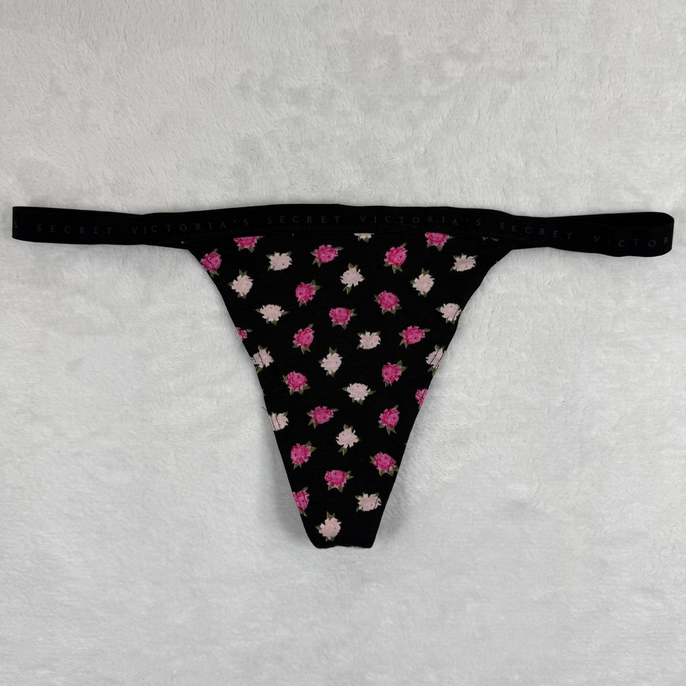 Victorias Secret Womens V-String Thong Panty Black Pink Rose Floral Logo Large